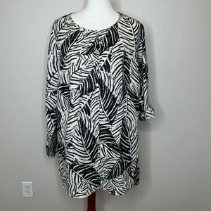 CYNTHIA‎ ROWLEY Linen Shirt Top 2X Roll Tab Sleeves Black Cream Foliage Print